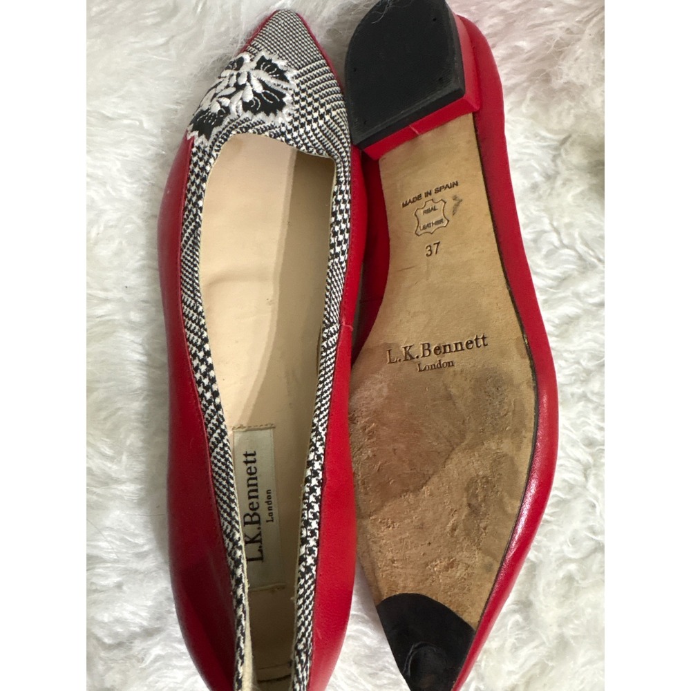 L.K. Bennett Flats Women 37 Pointed Toe Red Houndstooth Floral Embroidery Spain - Picture 8 of 11